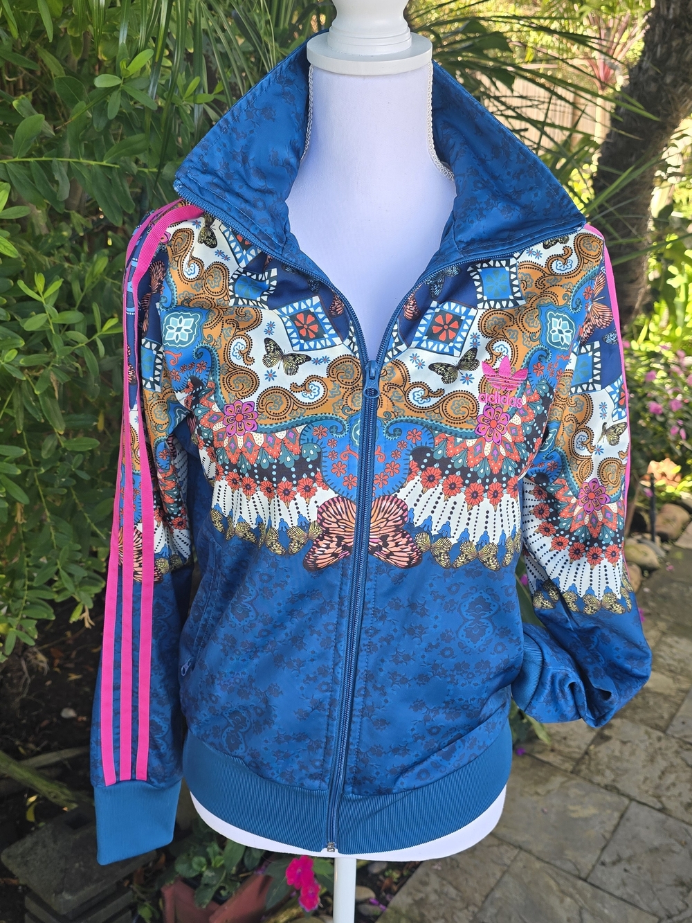 Adidas Original- Farm Rio Women's Blue Bomber Jacket with Pink Stripe Accents M